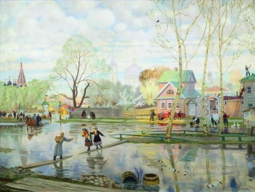 Primavera de 1921, Boris Mikhailovich Kustodiev, escenas de la ciudad del paisaje urbano. Pinturas al óleo